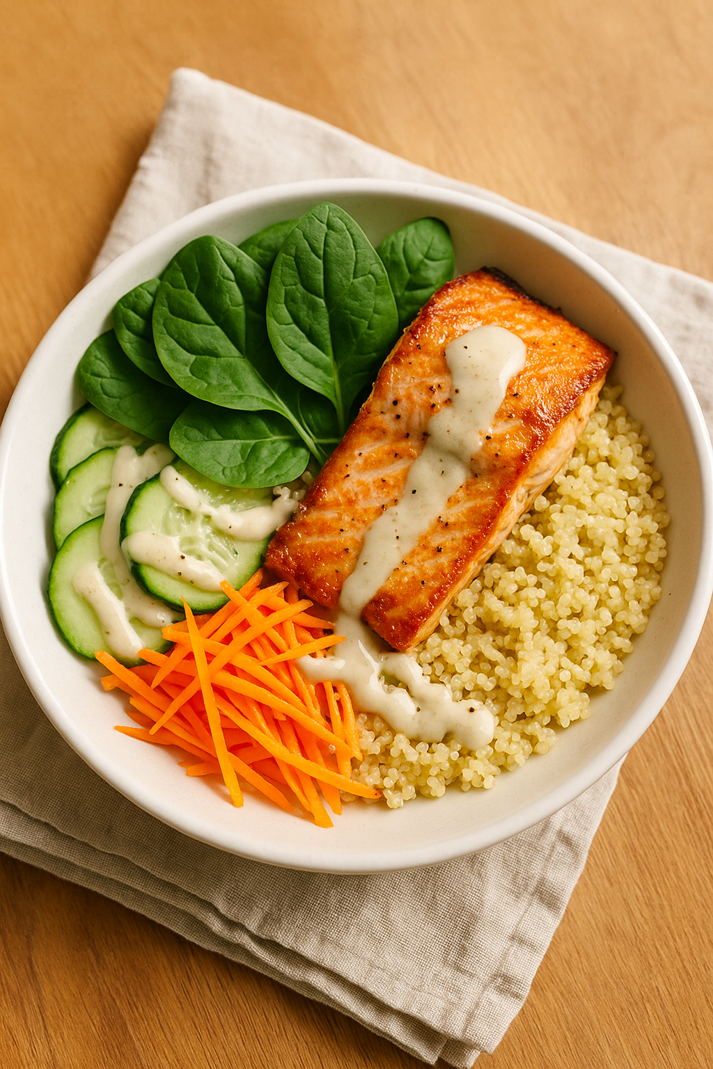 Quick High Protein Salmon and Quinoa Bowl with Fresh Veggies
