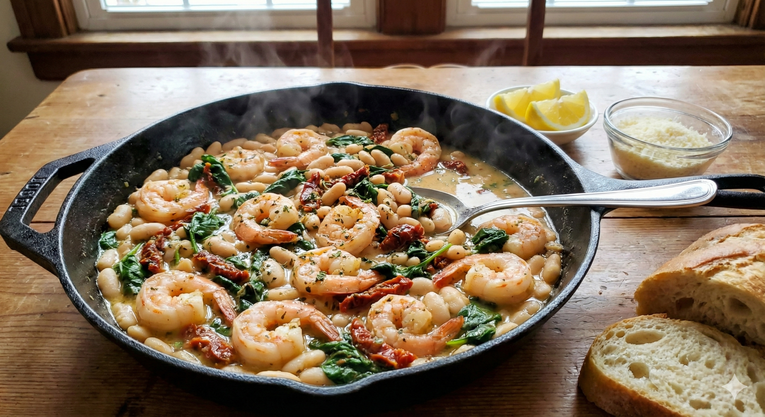 Easy Tuscan Shrimp and White Bean Skillet | One Pan Recipe